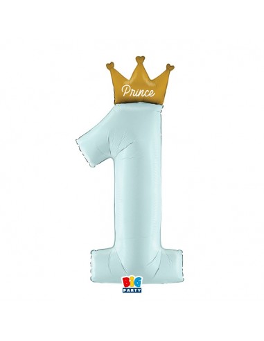 PALLONE MYLAR NUMERO N. 1 CELESTE CON CORONA PRINCE 117CM -