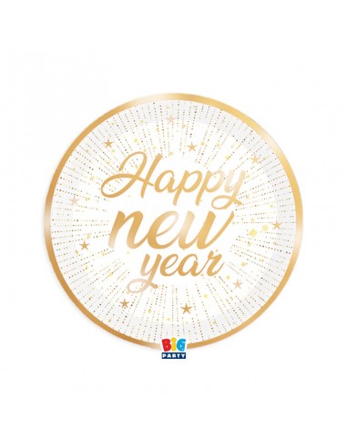 6 PIATTI CARTA 18 CM HAPPY NEW YEAR DECORI ORO METAL