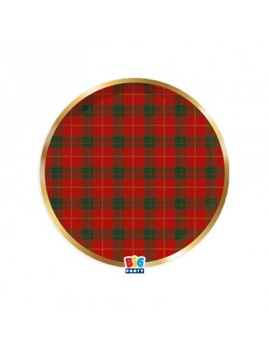 6 PIATTI CARTA NATALE TARTAN GOLD 18CM BORDO ORO METAL -