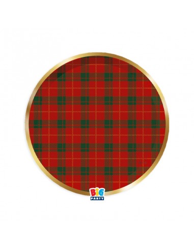 6 PIATTI CARTA NATALE TARTAN GOLD 22CM BORDO ORO METAL -